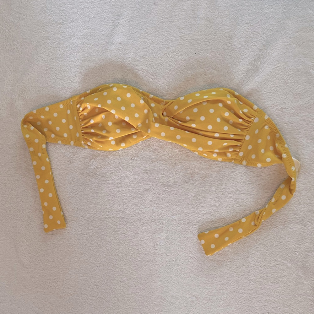 J Crew swim top in yellow with dots.
